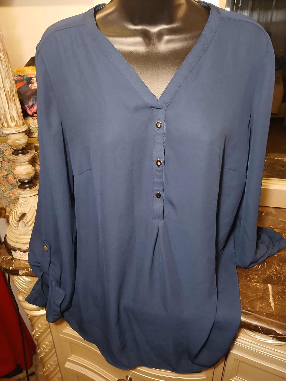 JM Collection Slate Blue V-Neck Button-Front Tunic
